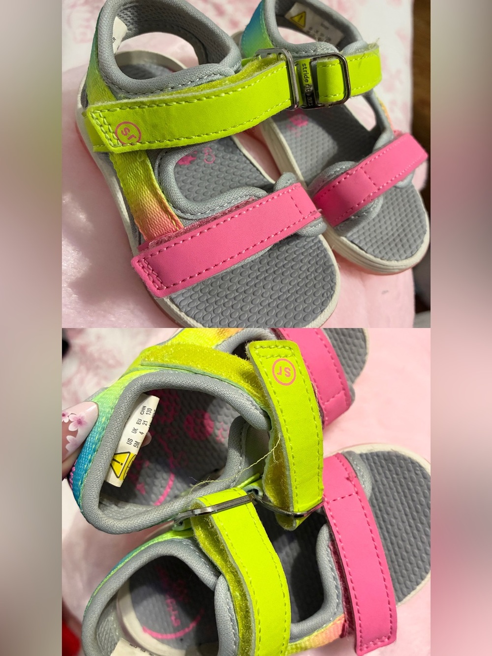 Stride Rite Pink and Neon Yellow Kids Velcro Sport Sandals